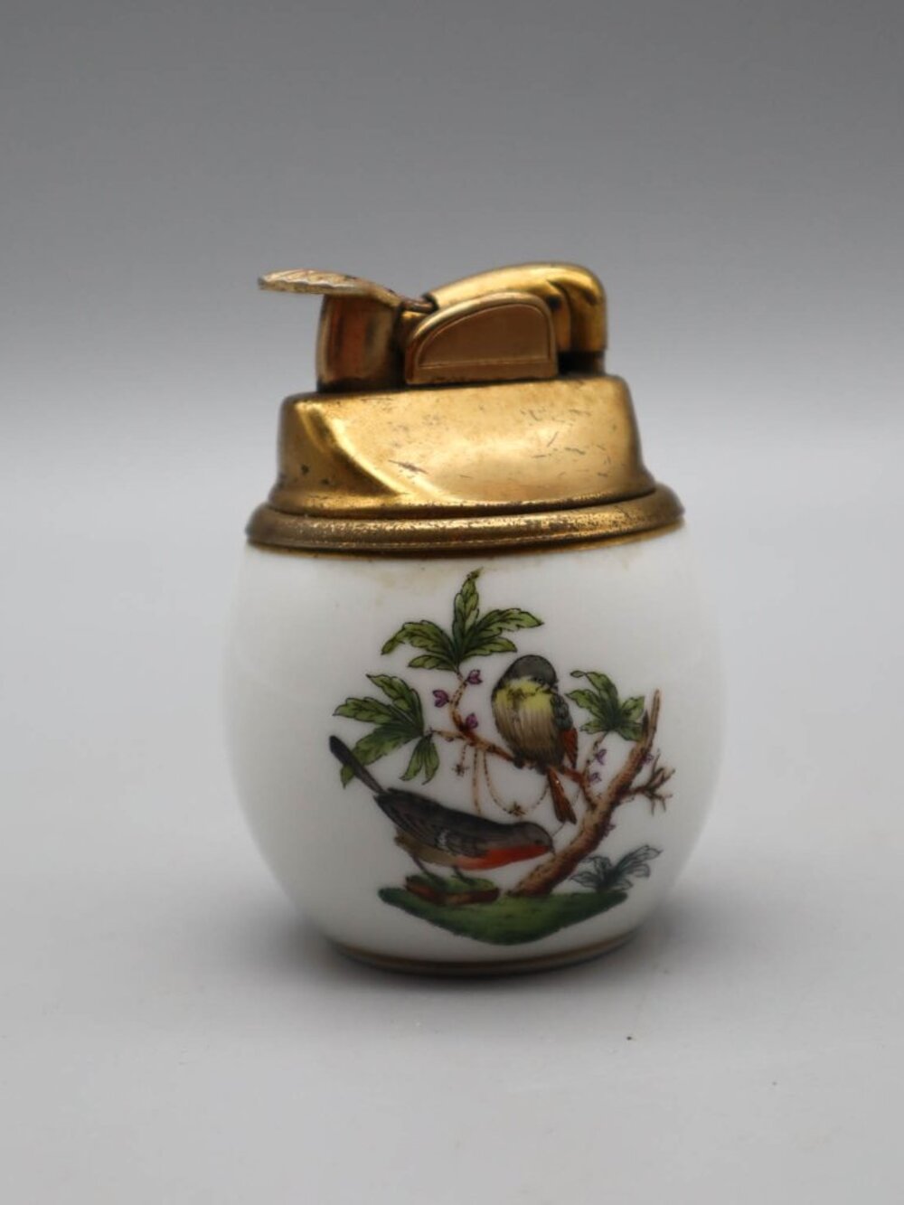 Vintage Herend Hungary Rothschild Bird Porcelain & Brass Table Lighter